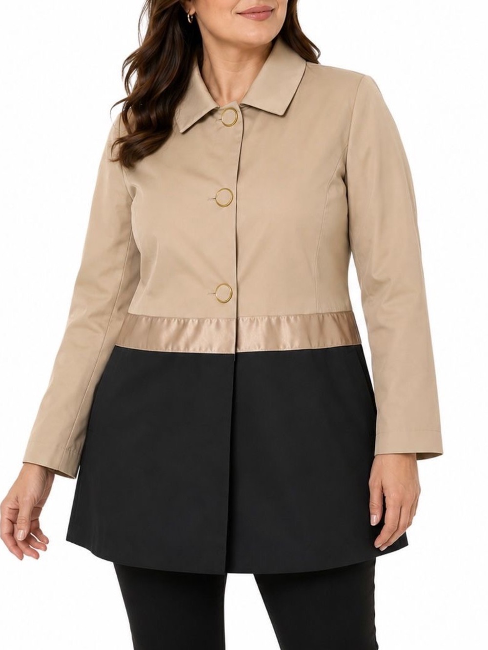 Eden Court Beige Black Colorblock Swing Coat Jacket Women XL Parisian Chic